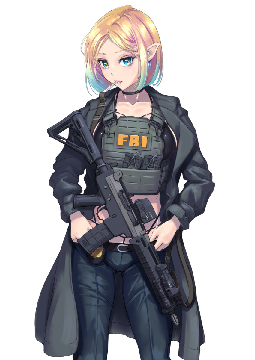 1girl ammunition_pouch aqua_eyes aqua_hair assault_rifle badge belt black_coat blonde_hair camisole choker coat denim earrings fbi fn_fnc gradient_hair gun highleg highleg_panties highres jeans jewelry long_coat looking_at_viewer magazine_(weapon) midriff multicolored_hair nenchi original panties pants parted_hair plate_carrier pointy_ears pouch rifle short_hair simple_background sling solo standing tight tight_pants underwear weapon white_background