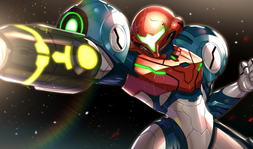 1girl aiming arm_cannon clenched_hand dark_background glowing gonzarez helmet highres lens_flare metroid metroid_dread power_armor samus_aran solo upper_body visor weapon