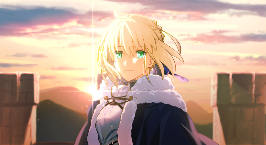 1girl ahoge armor artoria_pendragon_(all) bangs blonde_hair blue_ribbon braid breastplate dress eyebrows_visible_through_hair fate/stay_night fate_(series) fur_trim green_eyes hair_ribbon highres looking_at_viewer ribbon royal_robe saber sen_(77nuvola) short_hair smile solo sunset upper_body