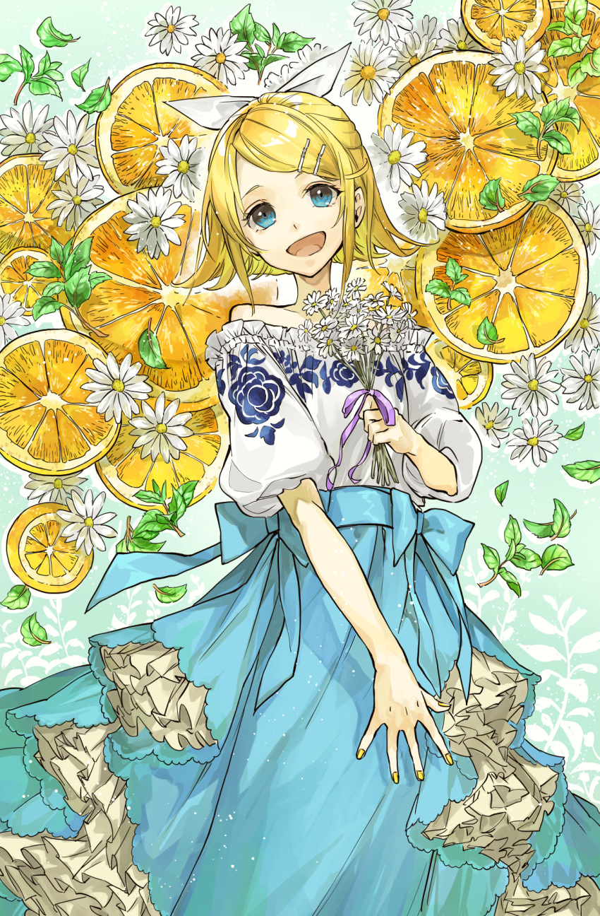 1girl bangs bare_shoulders blonde_hair blue_skirt bouquet bow commentary cowboy_shot floral_print flower food frilled_shirt frills fruit fruit_background hair_bow hair_ornament hairclip highres holding holding_bouquet kagamine_rin long_skirt looking_at_viewer open_mouth orange_(food) puffy_short_sleeves puffy_sleeves shirt short_hair short_sleeves skirt smile standing strapless_shirt swept_bangs vocaloid white_bow white_flower white_shirt whiteskyash yellow_nails