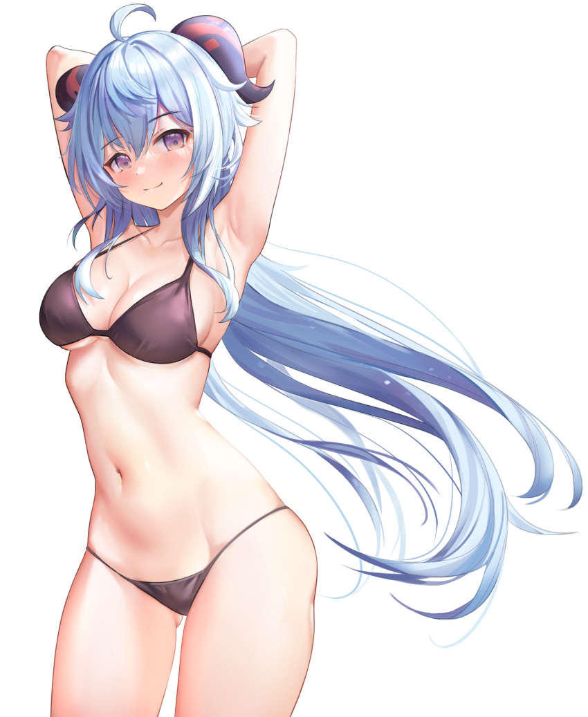 1girl ahoge armpits arms_behind_head arms_up ass_visible_through_thighs bare_arms bare_shoulders bikini black_bikini blue_hair breasts collarbone cowboy_shot ganyu_(genshin_impact) genshin_impact goat_horns halterneck highres horns long_hair looking_at_viewer medium_breasts navel rable simple_background smile solo standing stomach string_bikini swimsuit thighs very_long_hair violet_eyes white_background
