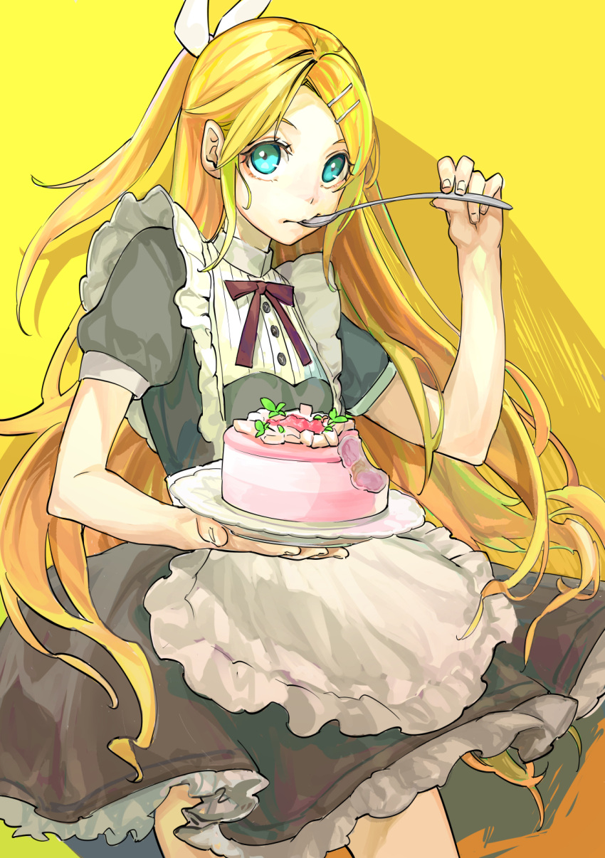 1girl apron aqua_eyes bangs black_dress blonde_hair bow cake commentary contrapposto cowboy_shot cream dress eating food frilled_dress frills hair_bow hair_ornament hairclip highres holding holding_cake holding_food holding_spoon kagamine_rin long_hair looking_at_viewer maid_apron mint neck_ribbon older red_neckwear ribbon short_sleeves solo spoon swept_bangs very_long_hair vocaloid white_bow whiteskyash yellow_background