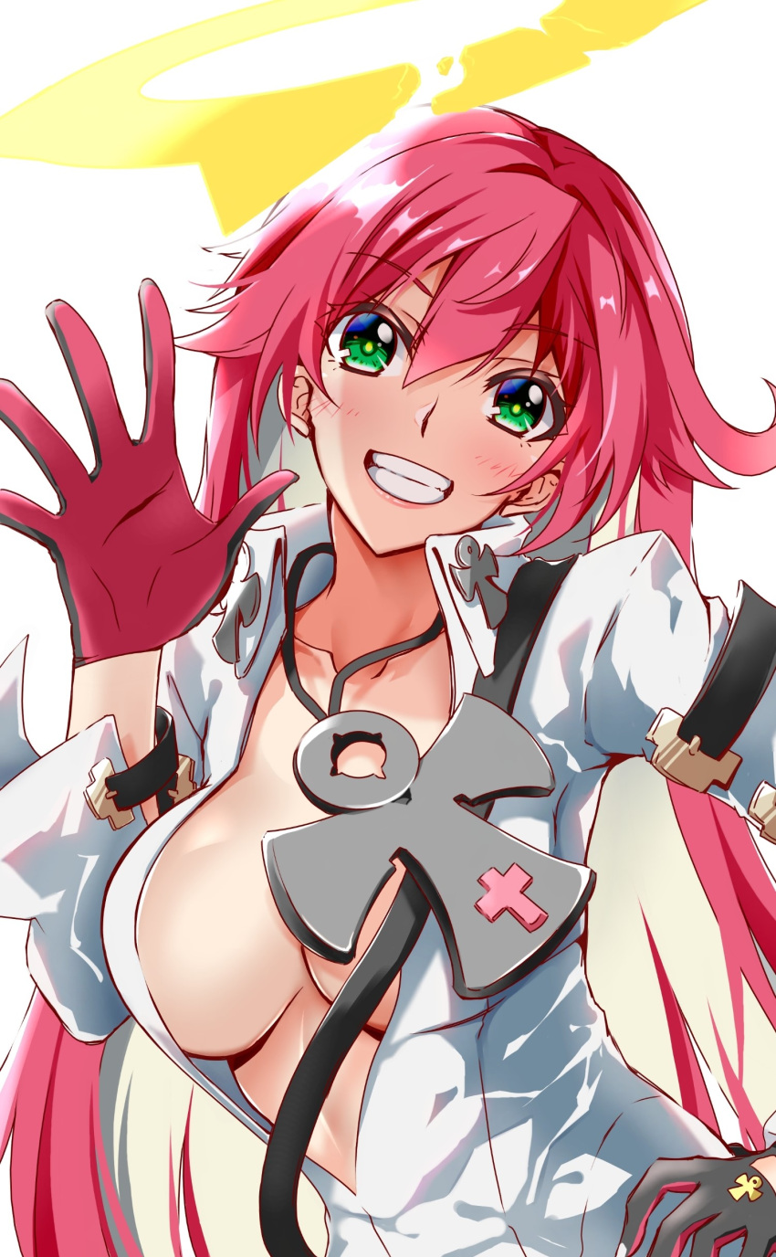 1girl absurdres ankh ankh_necklace aria_(guilty_gear) belt_buckle bodysuit buckle chukachuka gloves green_eyes guilty_gear guilty_gear_strive halo hand_on_hip highres jack-o'_valentine jewelry long_hair multicolored_hair necklace redhead smile two-tone_hair white_bodysuit