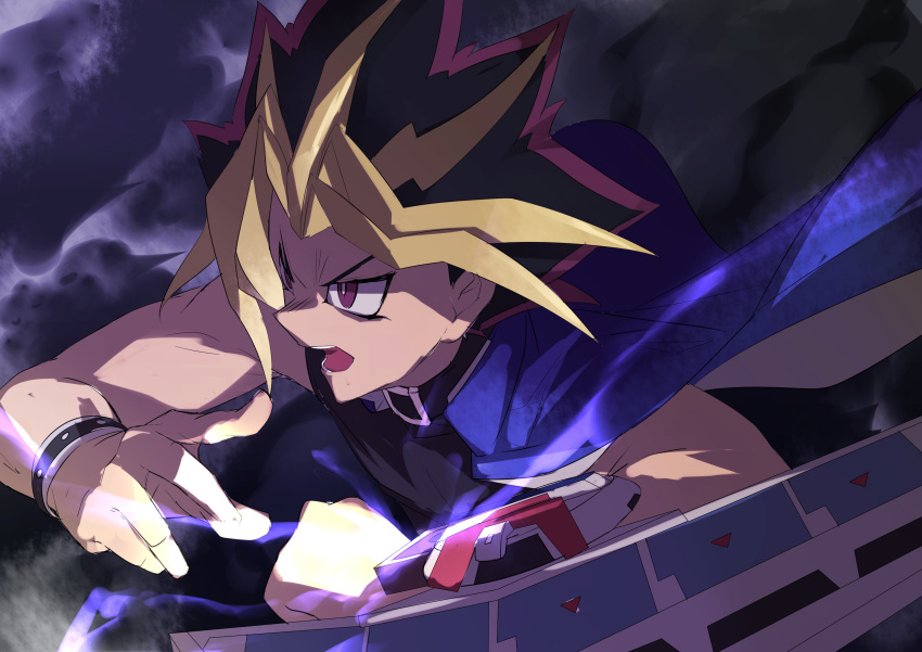 1boy absurdres atem blonde_hair blue_jacket highres jacket momiji_oroshi multicolored_hair open_clothes open_mouth shirt solo two-tone_hair violet_eyes yu-gi-oh!