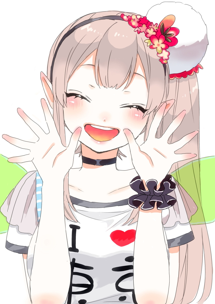 1girl :d absurdres black_choker blush choker closed_eyes colored_tongue elu_(nijisanji) facing_viewer flower grey_hair hair_flower hair_ornament hairband hands_up head_tilt highres i_heart... kawai_rou miniskirt nijisanji open_mouth pointy_ears round_teeth scrunchie shirt short_sleeves side_ponytail skirt smile solo teeth upper_teeth white_shirt wrist_scrunchie yellow_tongue