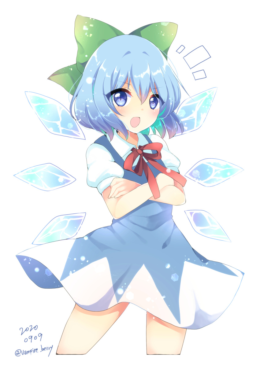 1girl artist_name bangs blue_dress blue_eyes blue_hair bow cirno commentary_request crossed_arms dress eyebrows_visible_through_hair eyes_visible_through_hair green_bow hair_between_eyes hands_up highres ice ice_wings looking_at_viewer number open_mouth ougi_hina puffy_short_sleeves puffy_sleeves red_bow red_neckwear short_hair short_sleeves simple_background solo standing touhou white_background white_sleeves wings