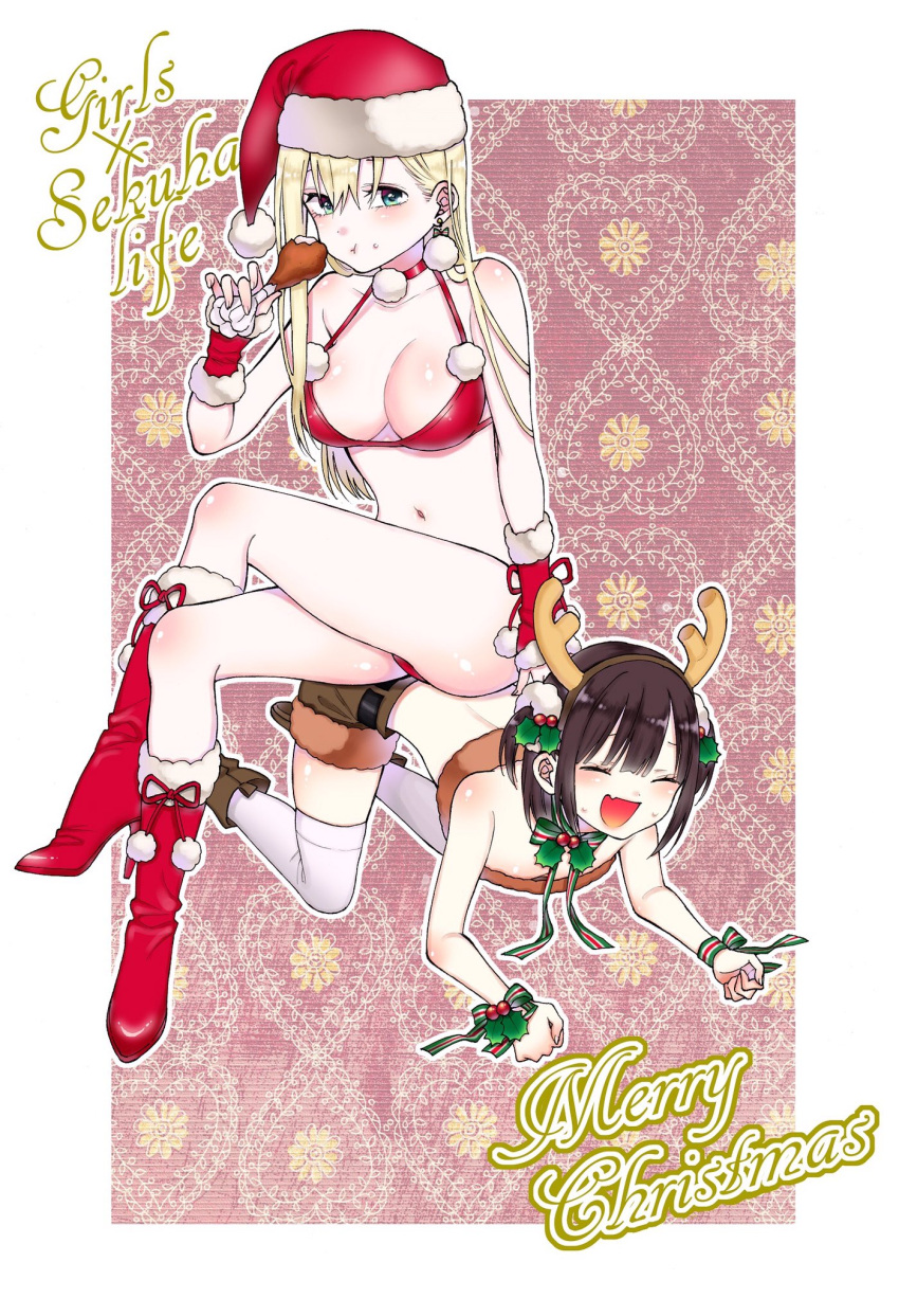 2girls :d :t all_fours animal_costume antlers blush boots border breasts brown_footwear brown_shorts chicken_leg christmas crossed_legs eating facing_viewer fake_antlers fang food fur-trimmed_boots fur-trimmed_shorts fur_trim hairband hand_up hat high_heels highres holding holding_food jacket kawai_rou large_breasts looking_at_viewer merry_christmas multiple_girls navel open_mouth original red_footwear red_headwear red_jacket reindeer_antlers reindeer_costume santa_hat shorts sitting sitting_on_person skin_fang smile thigh-highs twintails white_border white_legwear wristband yuri