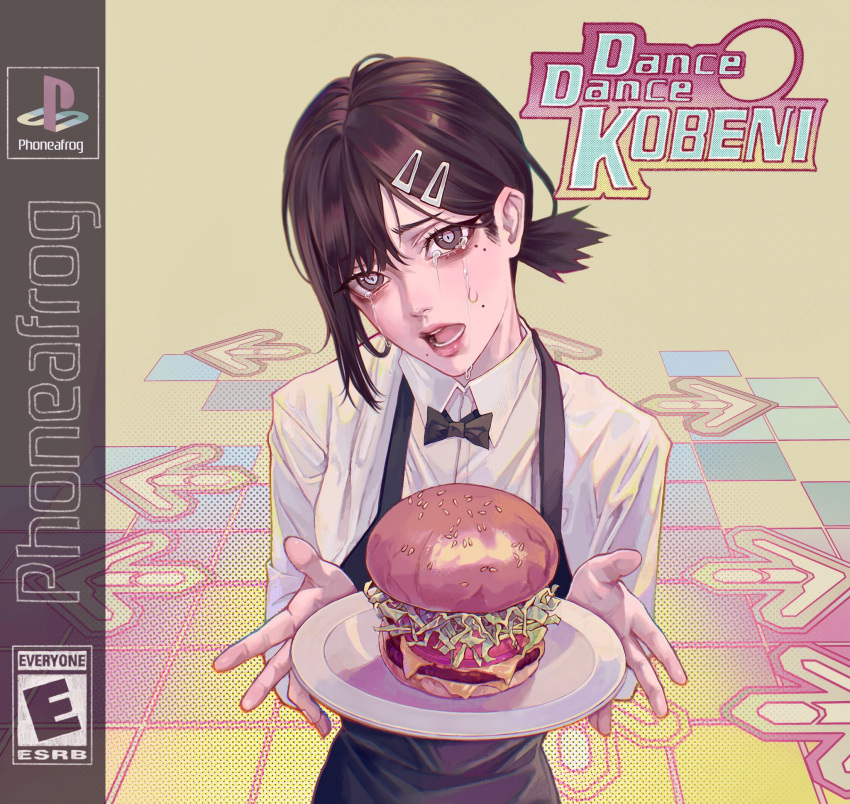 1girl artist_name black_eyes black_hair black_neckwear burger chainsaw_man collared_shirt crying crying_with_eyes_open dance_dance_revolution english_commentary english_text food game_console hair_between_eyes hair_ornament hairclip higashiyama_kobeni highres holding holding_plate long_sleeves looking_at_viewer medium_hair mole mole_under_eye mole_under_mouth open_mouth phoneafrog plate playstation shirt solo sweat symbol_commentary tears white_shirt