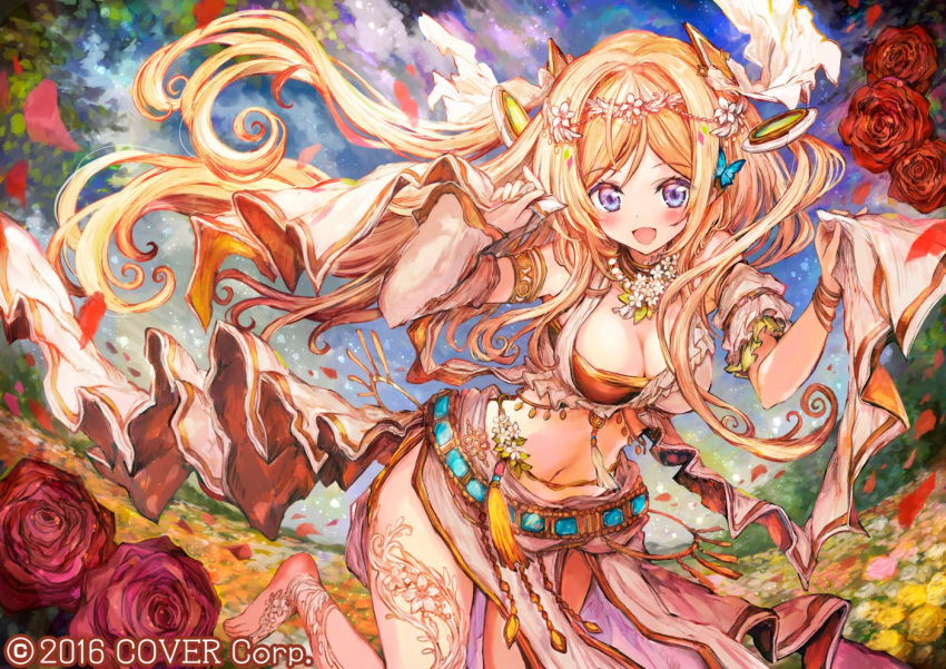 1girl :d aki_rosenthal armlet bandeau bangs bare_legs barefoot blonde_hair blush camomi dancing detached_hair detached_sleeves eyebrows_visible_through_hair harem_outfit hololive loincloth long_hair looking_at_viewer midriff navel open_mouth parted_bangs smile solo veil vest violet_eyes virtual_youtuber