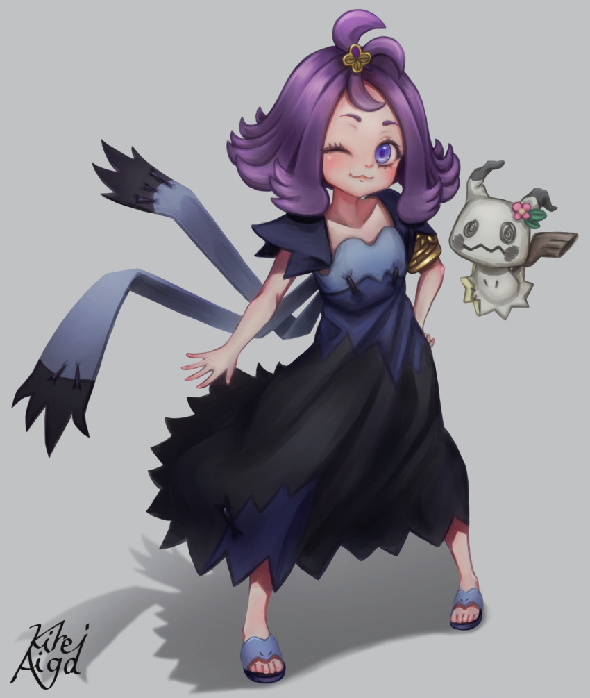 1girl ;3 acerola_(pokemon) armlet bangs blue_dress blush closed_mouth commentary_request dress eyelashes flip-flops flipped_hair hair_ornament hairclip highres kireiaiga legs_apart looking_at_viewer medium_hair mimikyu multicolored multicolored_clothes multicolored_dress one_eye_closed pokemon pokemon_(anime) pokemon_(creature) pokemon_sm_(anime) purple_hair sandals short_sleeves signature smile standing stitches topknot torn_clothes torn_dress violet_eyes