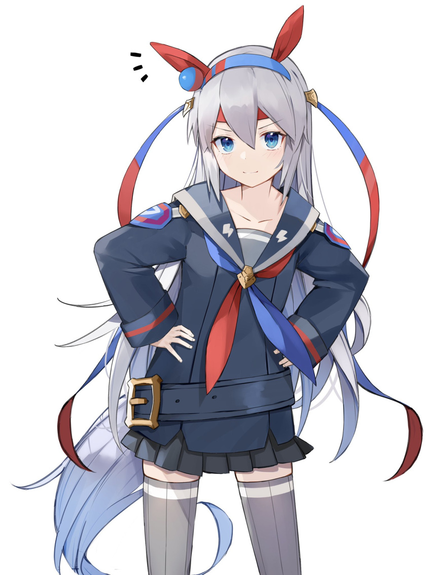 1girl animal_ears belt black_skirt blue_eyes cowboy_shot ear_covers grey_hair grey_legwear hairband hands_on_hips headband highres horse_ears horse_girl horse_tail long_hair long_sleeves looking_at_viewer neckerchief pleated_skirt ryou_(ponpgo) sailor_collar simple_background skirt solo tail tamamo_cross_(umamusume) thigh-highs umamusume white_background zettai_ryouiki