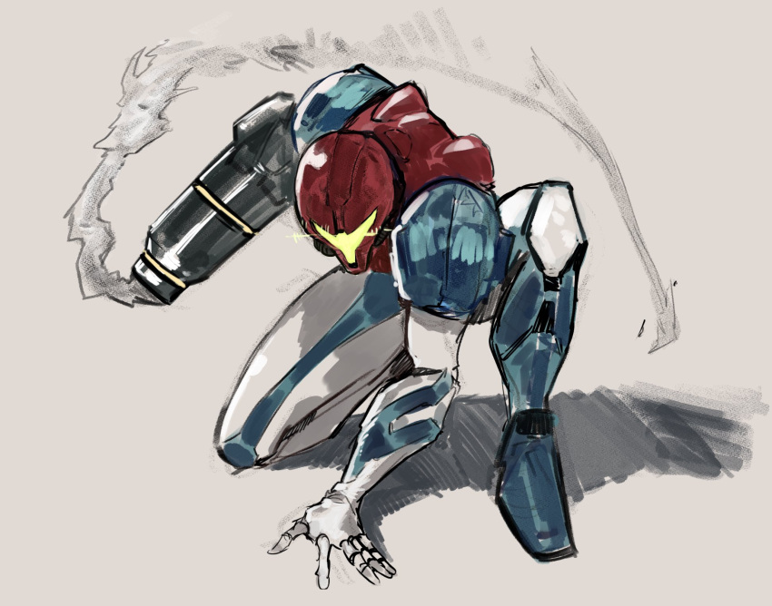 1girl action arm_cannon full_body gun helmet highres metroid metroid_dread samus_aran science_fiction shadow simple_background smoke smoking_gun solo superhero_landing weapon yourfreakyneighbourh