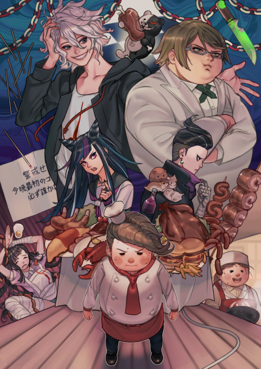 2girls 3boys animal animal_on_shoulder apron bangs black_hair black_jacket blue_hair brown_hair burger chain cham-p chef chef_hat chef_uniform chicken_(food) collarbone dangan_ronpa_(series) dangan_ronpa_2:_goodbye_despair dress_shirt earrings fat fat_man food french_fries full_body glasses green_jacket grey_hair grin ground_vehicle hair_horns hamster hanamura_teruteru hand_on_head hat highres holding holding_food hummer indoors jacket jewelry jum-p knife komaeda_nagito lying maga-g meat mioda_ibuki monokuma motor_vehicle multiple_boys multiple_girls on_back on_ground red_apron rei_(tdn_ng) sailor_collar shirt short_hair smile standing sun-d tanaka_gandamu togami_byakuya_(dangan_ronpa_2) tsumiki_mikan white_apron white_jacket white_shirt wooden_floor