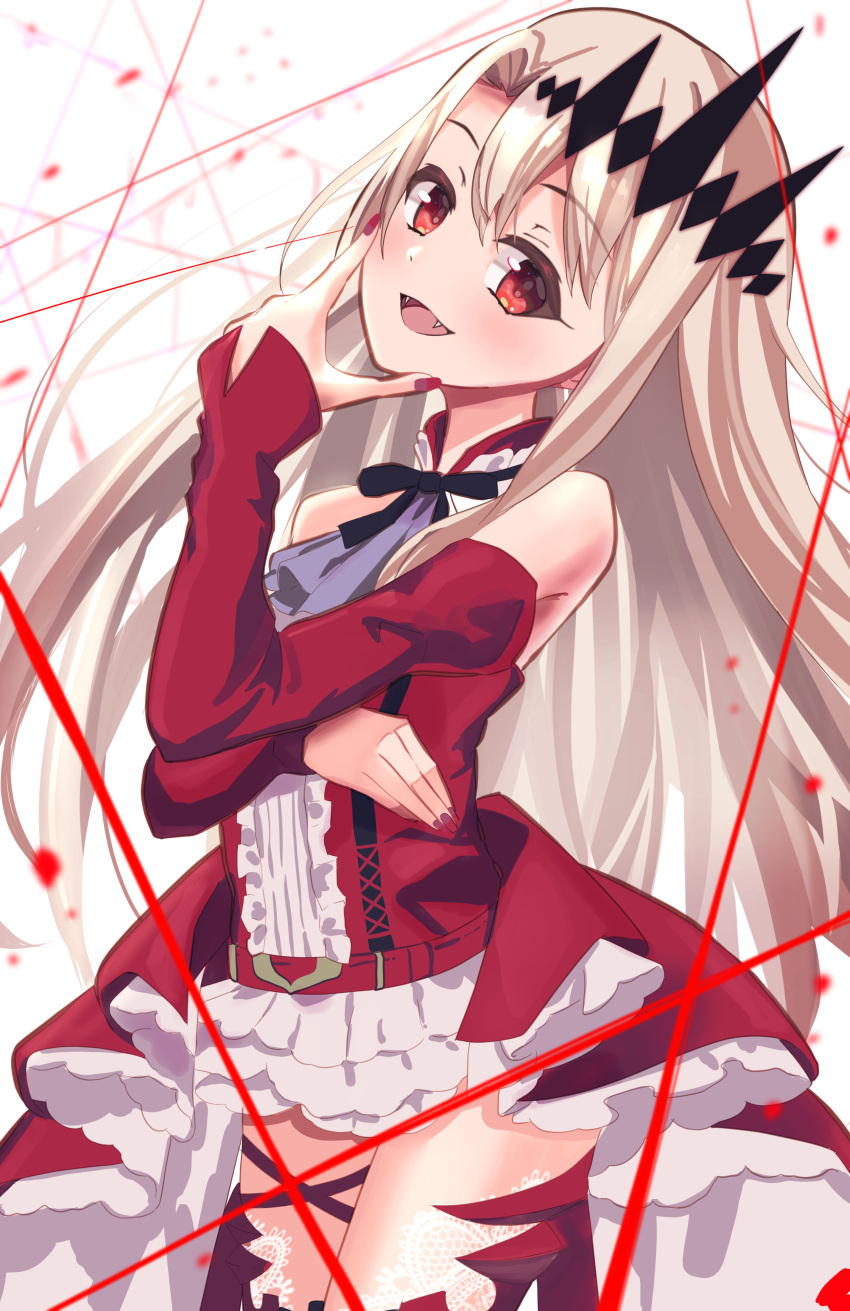 1girl absurdres ascot bangs bare_shoulders blush breasts circlet cosplay detached_collar detached_sleeves dress earrings fangs fate/kaleid_liner_prisma_illya fate_(series) hair_between_eyes highres illyasviel_von_einzbern jewelry long_hair looking_at_viewer open_mouth pan_korokorosuke red_dress red_eyes sidelocks small_breasts smile solo thighs tristan_(fairy_knight)_(fate) tristan_(fairy_knight)_(fate)_(cosplay) white_hair