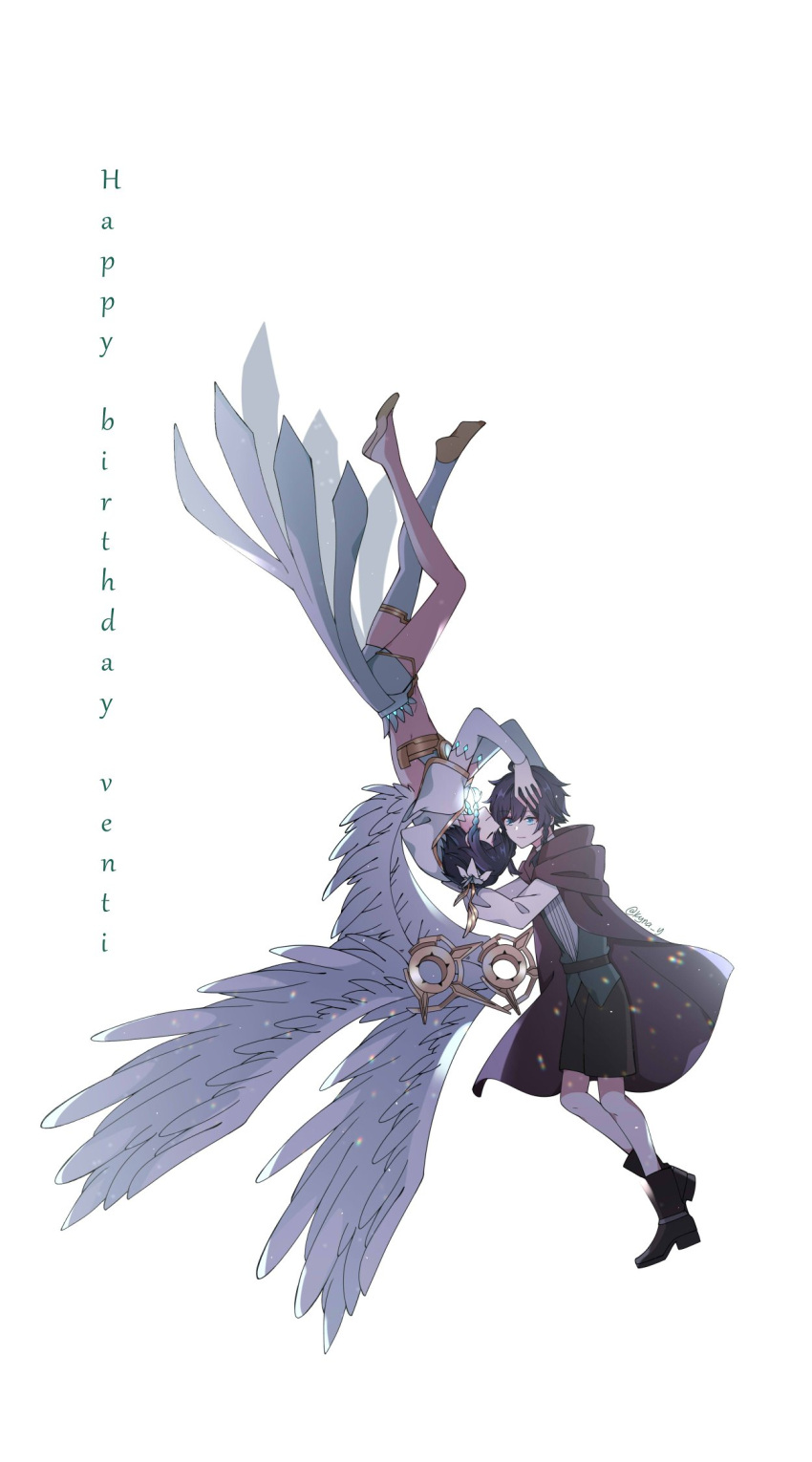 alternate_costume androgynous azuuruu backless_outfit bangs barefoot black_hair blue_eyes blue_hair boots braid brown_cloak brown_shorts capelet character_name cloak closed_eyes closed_mouth coattails collared_shirt crop_top english_commentary english_text eyebrows_visible_through_hair feathered_wings flower full_body genshin_impact gradient_hair hair_flower hair_ornament happy_birthday highres hood hood_down hooded_capelet male_focus midriff multicolored_hair nameless_bard_(genshin_impact) shirt short_hair_with_long_locks shorts simple_background single_thighhigh smile symbol_commentary thigh-highs twin_braids upside-down venti_(genshin_impact) white_background white_flower white_shorts wings