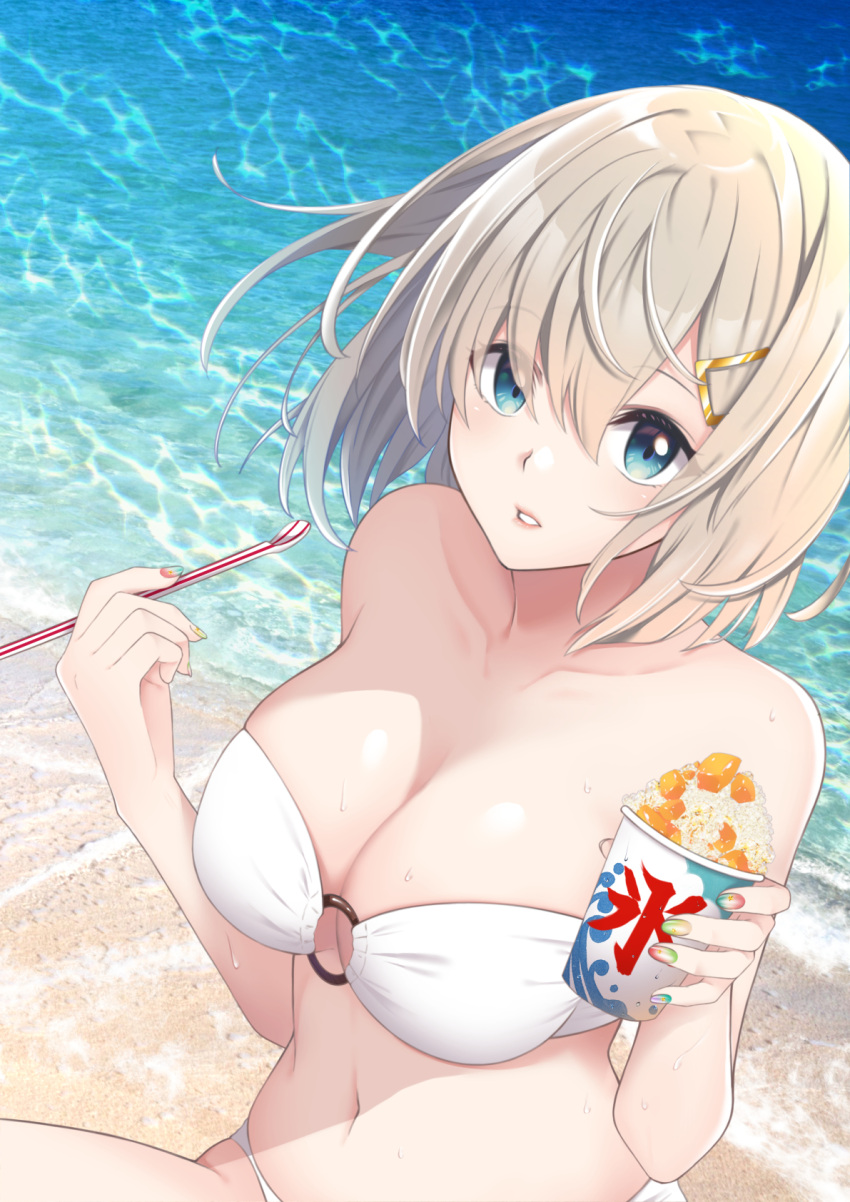 1girl beach bikini blue_eyes breasts commentary_request cowboy_shot hamakaze_(kancolle) highres kantai_collection large_breasts mimamui navel o-ring o-ring_bikini o-ring_top ocean shaved_ice short_hair silver_hair solo spoon swimsuit water white_bikini white_hair