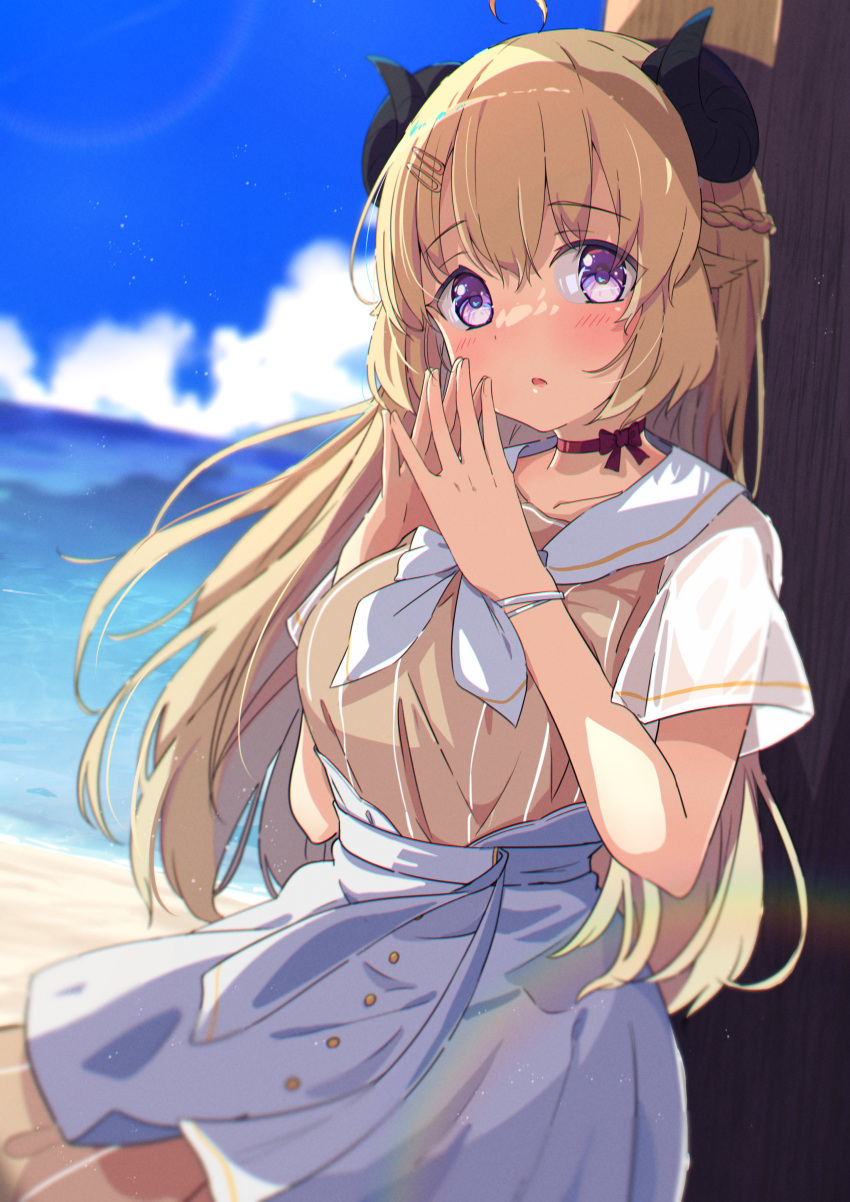 1girl absurdres ahoge apron bangs blonde_hair blue_sky blurry blurry_background blush breasts brown_dress choker clouds collarbone commentary_request curled_horns day depth_of_field dress eyebrows_visible_through_hair hair_between_eyes hair_ornament hairclip hands_up highres hololive horizon horns long_hair looking_at_viewer medium_breasts ocean okota_mikan outdoors parted_lips red_choker sailor_collar see-through see-through_sleeves sheep_horns short_sleeves sky solo steepled_fingers tsunomaki_watame very_long_hair violet_eyes virtual_youtuber waist_apron water white_apron white_sailor_collar