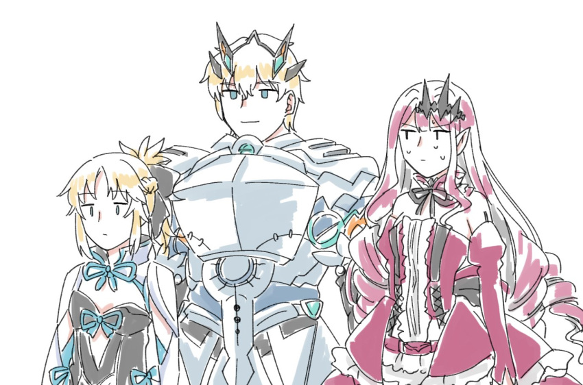 1boy 2girls armor blank_stare blonde_hair bow cosplay dress fate/grand_order fate_(series) gawain_(fairy_knight)_(fate) gawain_(fairy_knight)_(fate)_(cosplay) gawain_(fate) mordred_(fate) mordred_(fate)_(all) morgan_le_fay_(fate) morgan_le_fay_(fate)_(cosplay) multiple_girls pe6n1 pink_hair pointy_ears ponytail red_dress smile sweat tristan_(fairy_knight)_(fate) white_background