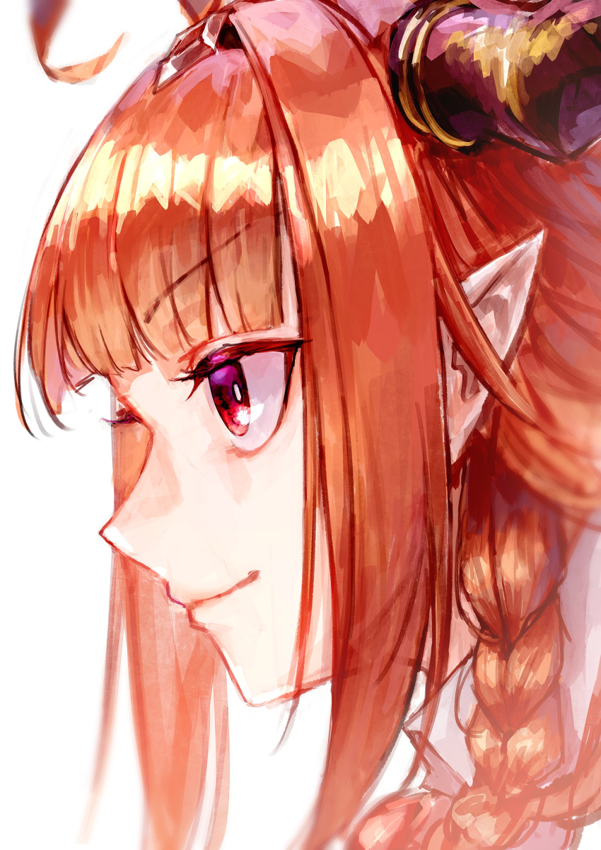 1girl absurdres ahoge bangs braid bright_pupils close-up collared_shirt dragon_girl dragon_horns eyebrows_visible_through_hair face from_side hairband highres hololive horns kiryu_coco light_smile long_hair looking_away multicolored multicolored_eyes orange_hair pointy_ears portrait red_eyes shirt side_braid sidelocks simple_background single_braid solo violet_eyes virtual_youtuber white_background white_pupils white_shirt yu_hydra