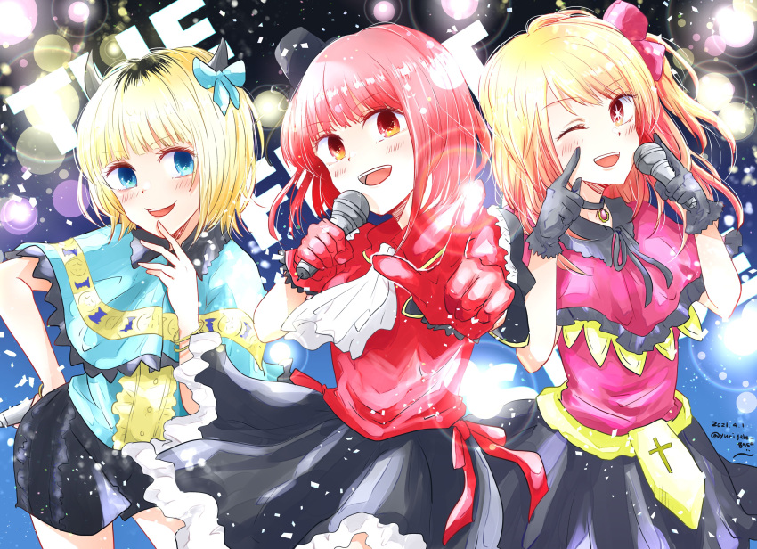 3girls absurdres arima_kana bangs black_gloves blonde_hair blue_dress blue_eyes blue_ribbon blush dress fake_horns finger_pointing gloves hat highres horns hoshino_ruby idol memcho microphone multiple_girls one_eye_closed oshi_no_ko pink_dress pink_ribbon red_dress red_eyes red_gloves redhead ribbon signature smile sparkle teeth yurigera_8959