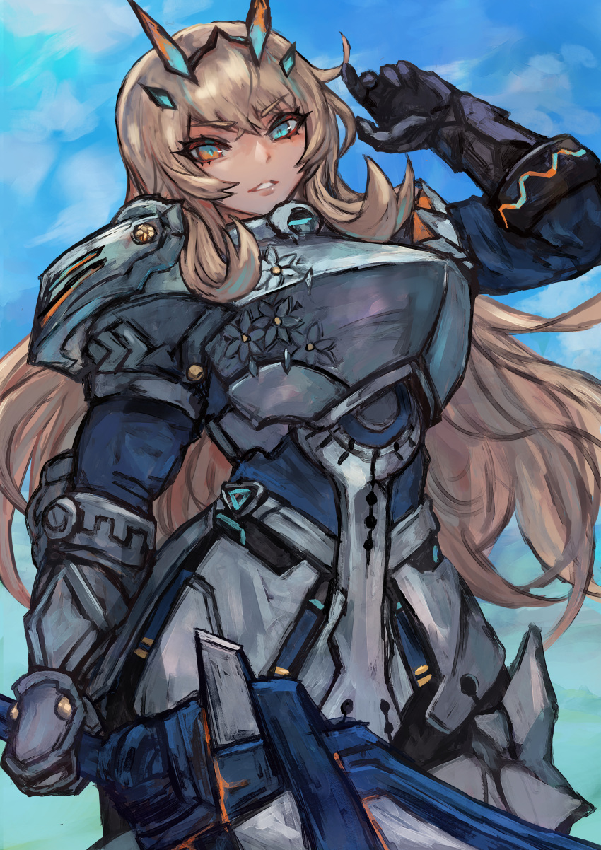 1girl absurdres armor bangs blonde_hair blue_eyes breastplate breasts fate/grand_order fate_(series) faulds gauntlets gawain_(fairy_knight)_(fate) greaves highres horns huge_filesize large_breasts long_hair looking_at_viewer pauldrons sabamisob shoulder_armor solo thighs