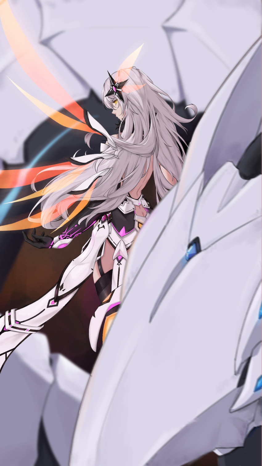 1girl bare_shoulders benares_(honkai_impact) black_gloves blurry blurry_foreground butt_crack closed_mouth dragon elbow_gloves gloves hair_ornament highres honkai_(series) honkai_impact_3rd kiana_kaslana kiana_kaslana_(herrscher_of_the_void) looking_at_viewer looking_back s-mui solo white_hair wings yellow_eyes