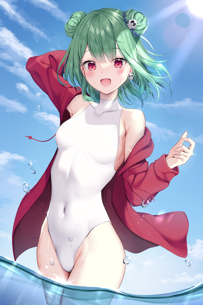 1girl :d absurdres blue_sky clouds collarbone day double_bun earrings green_hair hair_ornament highleg highleg_swimsuit highres hololive jacket jewelry long_sleeves looking_at_viewer ocean one-piece_swimsuit open_mouth partially_submerged red_eyes red_jacket short_hair skull_earrings skull_hair_ornament sky smile solo sun sunlight swimsuit thighs uruha_rushia utekiro virtual_youtuber water white_swimsuit