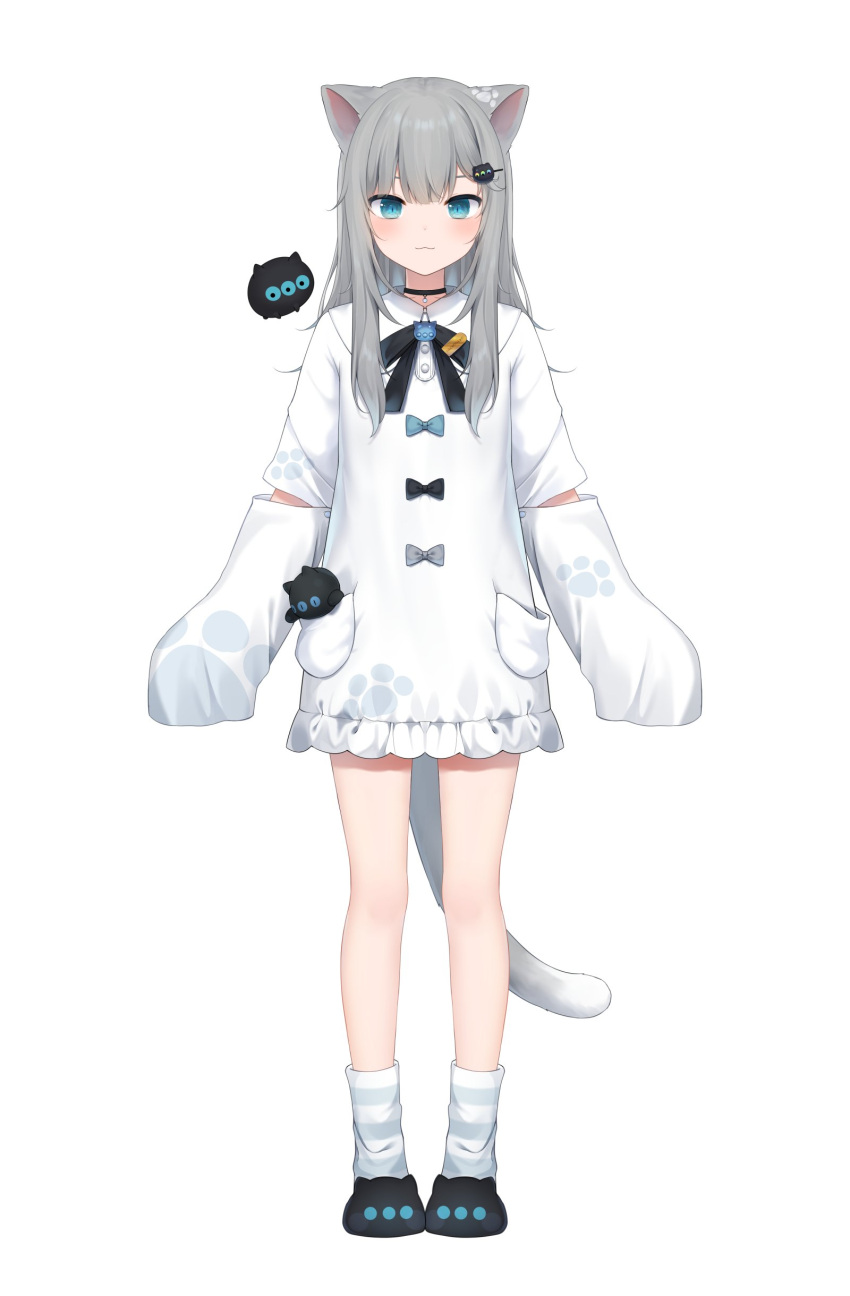 1girl absurdres amashiro_natsuki animal_ears bangs black_bow black_choker black_ribbon blue_eyes blush bow cat_ears cat_girl cat_tail choker full_body green_bow grey_hair hair_ornament highres long_hair long_sleeves looking_at_viewer nacho_(amashiro_natsuki) neck_ribbon original paw_print ribbon sleeves_past_fingers sleeves_past_wrists solo standing tail white_background