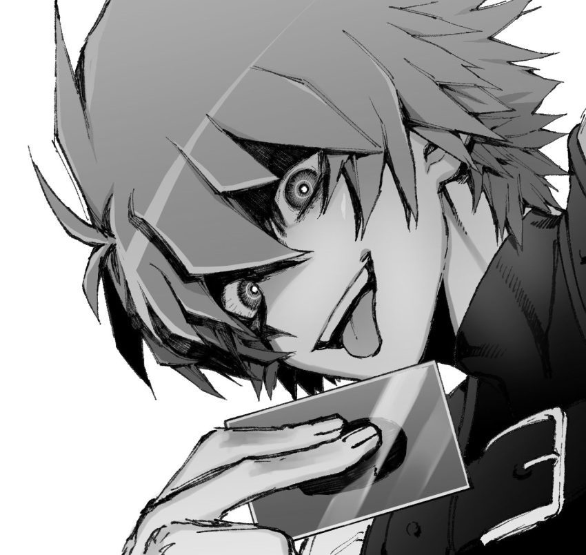 1boy card dark_persona fingernails hair_between_eyes hatching_(texture) highres holding holding_card johan_andersen maki_keigo male_focus shaded_face simple_background sketch smile solo teeth tongue tongue_out turtleneck upper_body upper_teeth white_background yu-gi-oh! yu-gi-oh!_gx