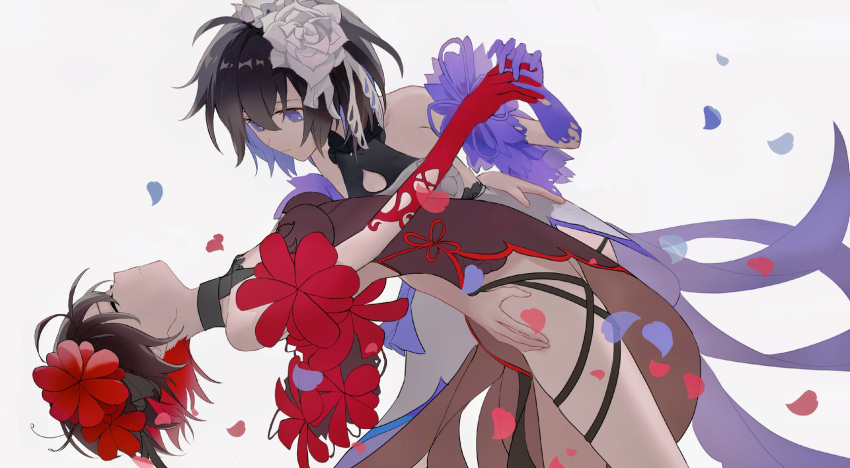 2391976982 2girls antenna_hair bangs bare_shoulders closed_eyes closed_mouth dancing dress elbow_gloves flower gloves hair_between_eyes hair_flower hair_ornament highres honkai_(series) honkai_impact_3rd looking_at_another multiple_girls petals purple_gloves purple_hair red_flower red_gloves redhead seele_(alter_ego) seele_vollerei seele_vollerei_(stygian_nymph) short_hair simple_background violet_eyes white_background white_flower