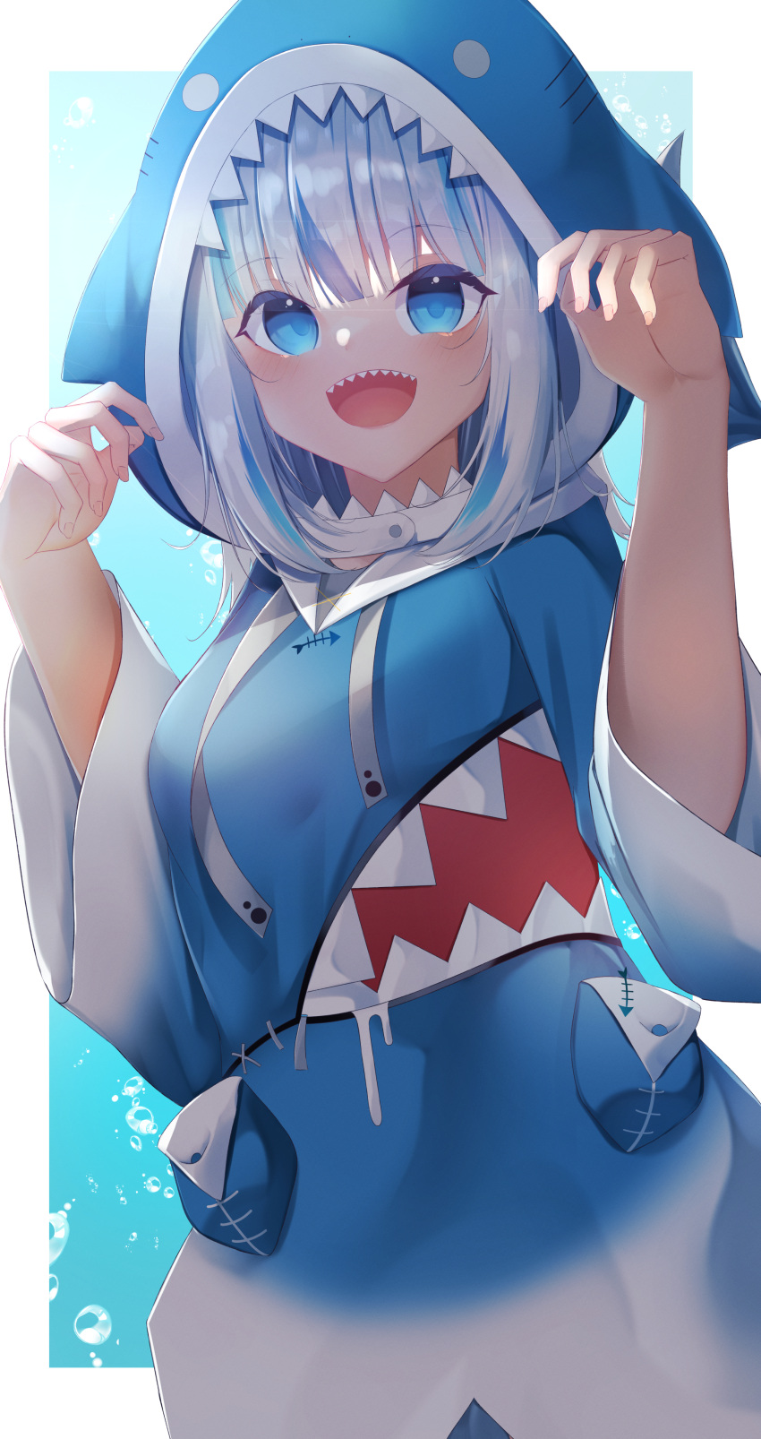 1girl :d absurdres air_bubble bangs blue_eyes blue_hair blue_hoodie blush breasts bubble commentary_request drawstring eyebrows_visible_through_hair gawr_gura hands_up highres hololive hololive_english hood hood_down hoodie multicolored_hair open_mouth sharp_teeth silver_hair small_breasts smile solo streaked_hair suisen-21 teeth virtual_youtuber