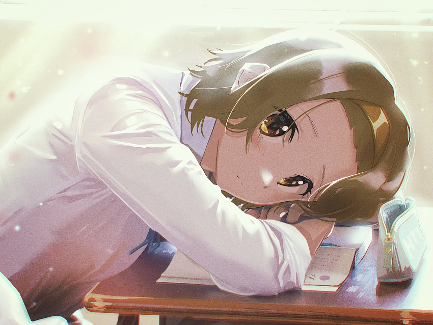1girl bag blue_ribbon blush brown_eyes brown_hair closed_mouth collared_shirt commentary_request desk from_side hairband handbag head_on_arm head_rest highres indoors k-on! long_sleeves looking_at_viewer neck_ribbon notebook ribbon sakuragaoka_high_school_uniform school_desk school_uniform shirt short_hair solo tainaka_ritsu upper_body verse white_shirt