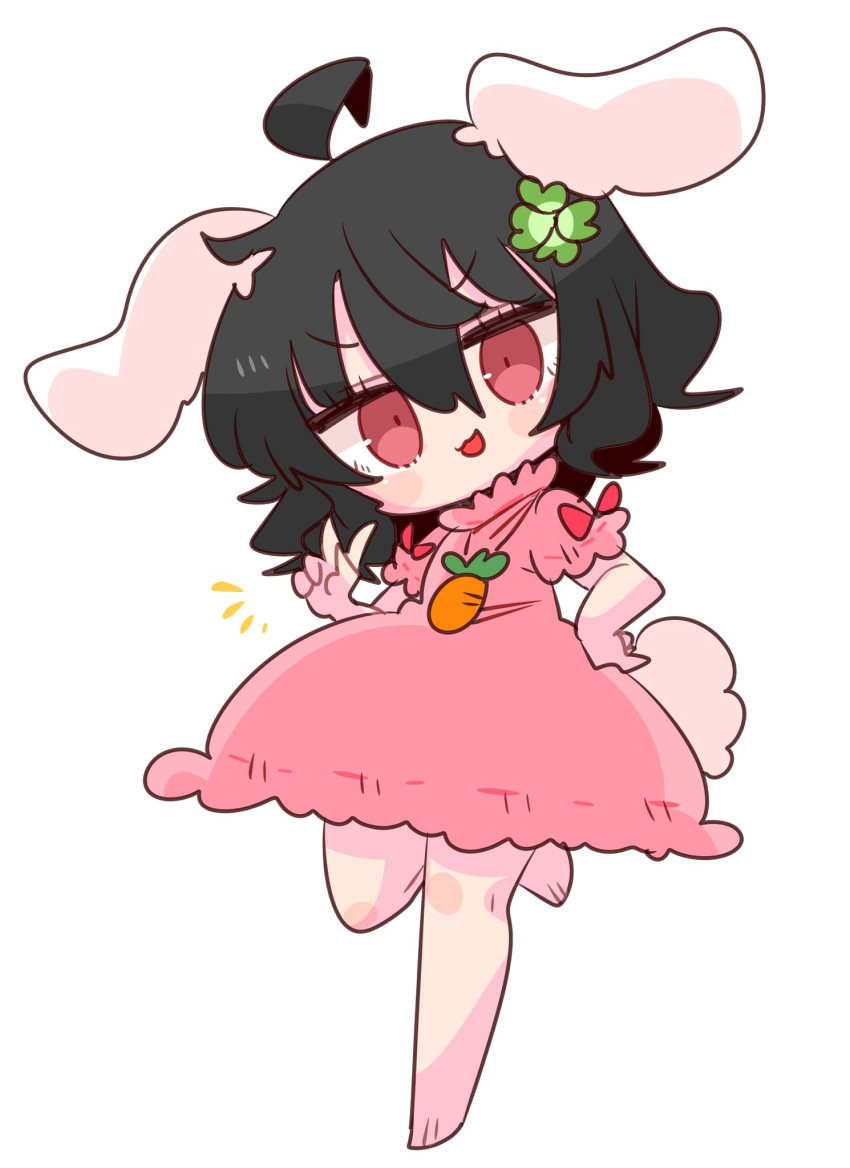 1girl :3 :d ahoge animal_ears bangs black_hair bunny_tail carrot_necklace clover eyebrows_visible_through_hair floppy_ears four-leaf_clover full_body hair_between_eyes hand_on_hip highres inaba_tewi looking_at_viewer op_na_yarou open_mouth pink_eyes rabbit_ears short_hair short_sleeves simple_background smile solo standing standing_on_one_leg symbol_commentary tail touhou v-shaped_eyebrows white_background