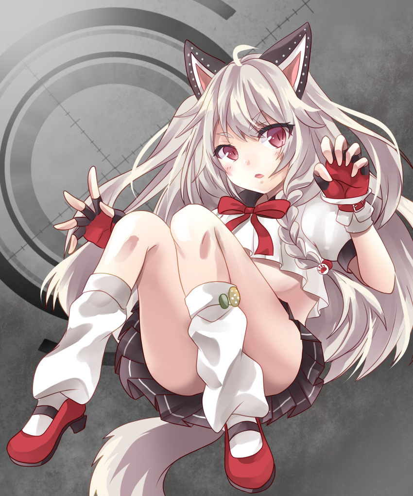 1girl absurdres animal_ears azur_lane black_sailor_collar black_skirt breasts claw_pose crop_top crop_top_overhang cuffs fingerless_gloves gloves highres long_hair loose_socks mechanical_ears miniskirt pleated_skirt puffy_short_sleeves puffy_sleeves red_eyes red_footwear rudder_footwear sailor_collar school_uniform serafuku short_eyebrows short_sleeves silver_hair skirt solo tail thick_eyebrows under_boob white_legwear wolf_ears wolf_girl wolf_tail yuudachi_(azur_lane) yuugi_roki