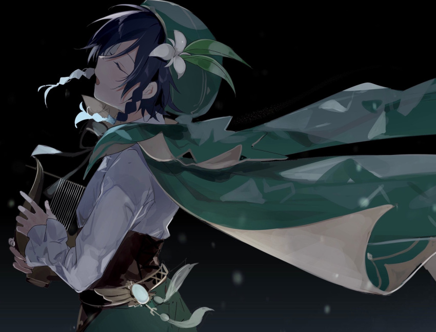 1boy androgynous bangs beret black_background black_hair blue_hair bow braid cape closed_eyes commentary_request feathers flower frilled_sleeves frills from_side genshin_impact gradient_hair green_headwear hat hat_flower highres holding holding_instrument instrument leaf long_sleeves lyre male_focus multicolored_hair open_mouth shirt short_hair_with_long_locks simple_background solo symbol_commentary twin_braids venti_(genshin_impact) vision_(genshin_impact) white_flower white_shirt yoko_(nz_g)