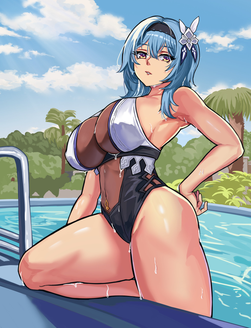 1girl absurdres armpits breasts eula_lawrence genshin_impact highres large_breasts loooyd pool poolside solo swimsuit thighs