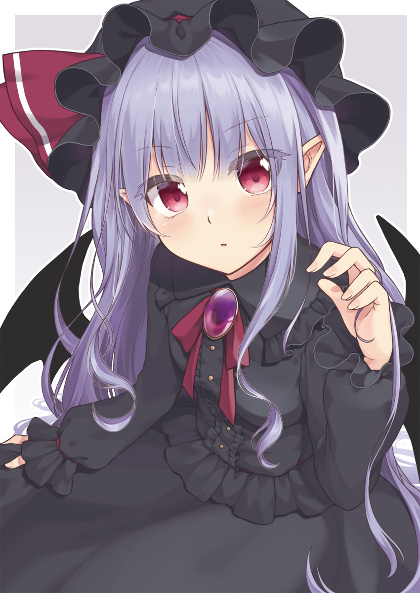 1girl :o alternate_color bat_wings beni_kurage black_dress blush breasts brooch dress from_above grey_background hat highres jewelry long_hair looking_at_viewer mob_cap parted_lips pointy_ears purple_hair remilia_scarlet simple_background small_breasts solo touhou very_long_hair violet_eyes wings