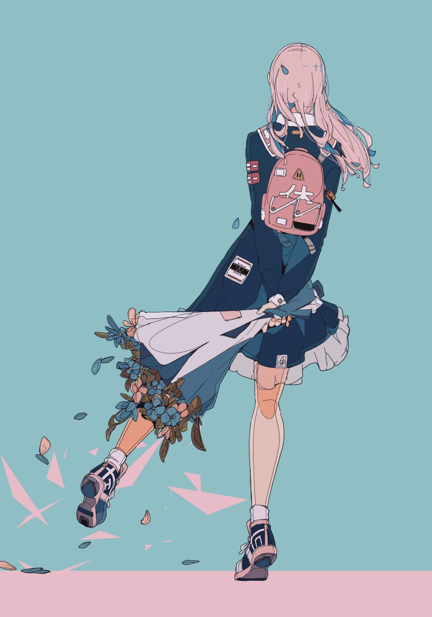 1girl backpack bag blue_dress bouquet commentary_request daisukerichard dress flower from_behind full_body green_background highres holding holding_bouquet long_hair long_sleeves original petals pink_bag pink_hair shoes sneakers solo standing standing_on_one_leg