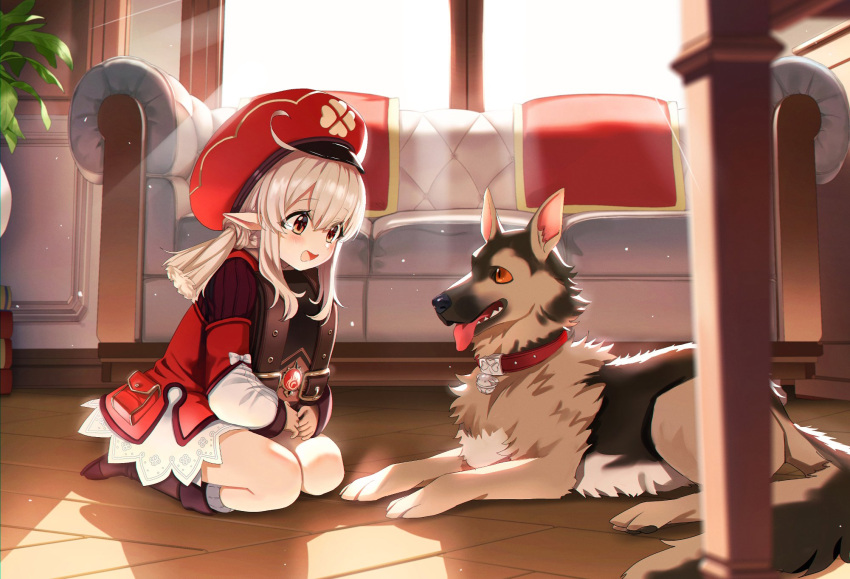 1girl :d ahoge backpack bag bag_on_lap bangs bloomers blurry bob_(bab67ii) boots brown_footwear brown_gloves clover_print coat commentary couch depth_of_field dog english_commentary eyebrows_visible_through_hair genshin_impact gloves hair_between_eyes highres klee_(genshin_impact) light_brown_hair long_hair long_sleeves looking_at_another low_twintails open_mouth orange_eyes pocket pointy_ears randoseru red_coat red_headwear sidelocks sitting smile sunlight table thigh-highs thigh_boots tongue tongue_out twintails underwear wariza window wooden_floor