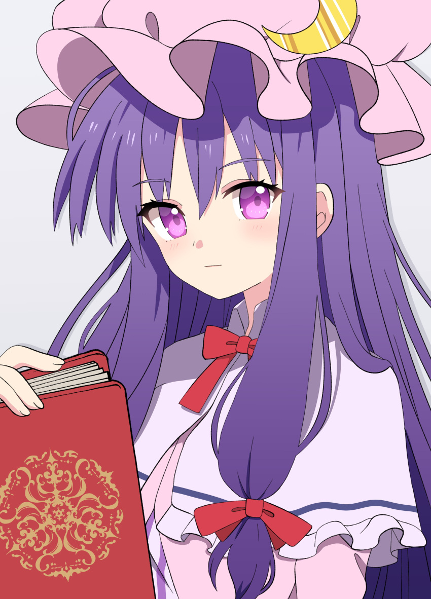 1girl :| absurdres bangs book bow capelet closed_mouth crescent crescent_pin grey_background hair_bow hat highres holding holding_book long_hair looking_at_viewer mob_cap patchouli_knowledge pink_headwear purple_capelet purple_hair red_bow red_neckwear sidelocks simple_background solo touhou upper_body violet_eyes yoriteruru
