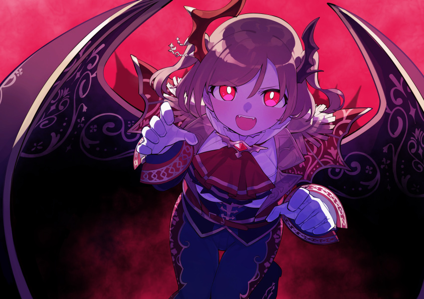 1girl aijou_karen backlighting bangs bat_wings belt black_wings blue_jacket blue_neckwear blue_pants bright_pupils brown_hair buckle claw_pose commentary cowboy_shot cravat epaulettes eyebrows_visible_through_hair fangs frilled_shirt_collar frills gloves goe_(g-o-e) gold_trim hair_between_eyes hair_ornament hands_up high_collar highres jacket leaning_forward leg_up long_sleeves looking_at_viewer multicolored multicolored_clothes multicolored_neckwear multicolored_pants official_alternate_costume open_mouth pants red_background red_eyes red_neckwear red_pants ruby_(gemstone) shiny shiny_hair shirt short_hair shoujo_kageki_revue_starlight shoujo_kageki_revue_starlight_-re_live- sleeve_cuffs solo standing standing_on_one_leg striped striped_neckwear swept_bangs thigh_gap two_side_up upper_teeth v-shaped_eyebrows vampire white_gloves white_pupils white_shirt wings