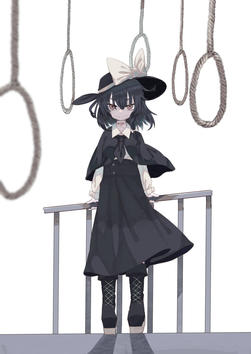 1girl absurdres bangs black_capelet black_footwear black_hair black_headwear black_skirt bow brown_eyes capelet closed_mouth cross-laced_footwear fedora fence full_body hat hat_bow highres holding long_sleeves looking_at_viewer murayo noose rope scar shirt short_hair simple_background skirt standing touhou usami_renko white_background white_bow white_shirt