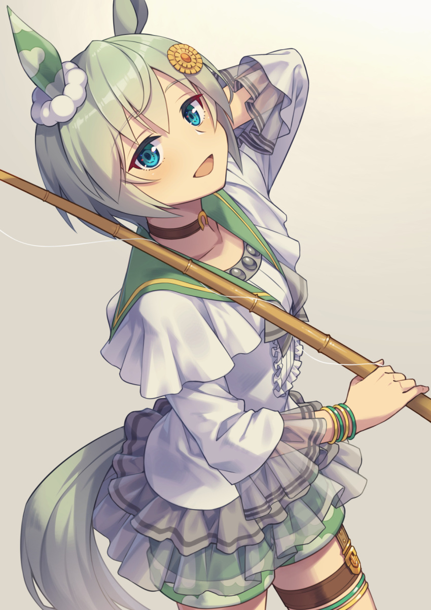 1girl animal_ears arm_behind_head blue_eyes bracelet fishing_rod highres horse_ears horse_tail jewelry over_shoulder seiun_sky_(umamusume) shorts_under_dress silver_hair suneru tail umamusume