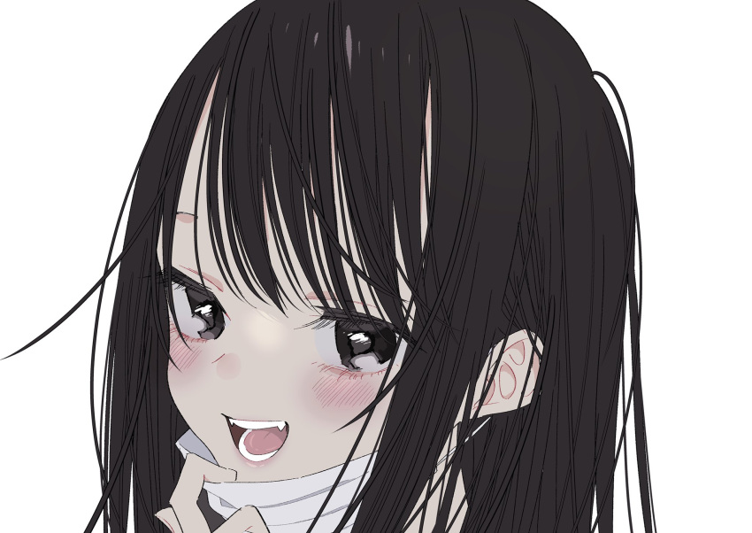 1girl :d black_eyes black_hair blush close-up eyelashes fangs highres kawai_rou long_hair looking_at_viewer mask mask_pull mouth_mask open_mouth original portrait simple_background smile solo surgical_mask white_background white_mask