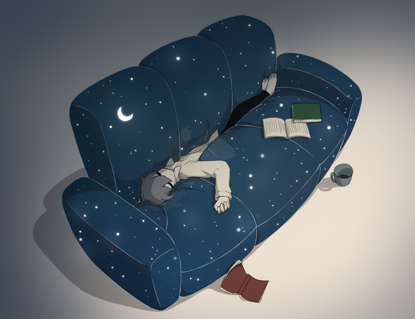 1boy absurdres avogado6 barefoot black_pants book colored_skin couch crescent_moon cup grey_hair highres lying moon on_back original pants shirt solo starry_sky_print teacup white_shirt white_skin