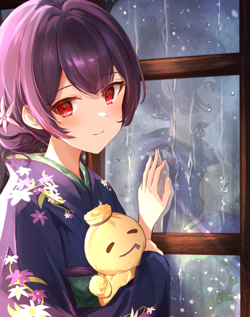 1girl bangs blue_kimono blush closed_mouth commentary_request doll eyebrows_visible_through_hair floral_print flower green_sash hair_flower hair_ornament hand_on_window highres holding holding_doll idolmaster idolmaster_shiny_colors indoors japanese_clothes kimono long_sleeves looking_at_viewer morino_rinze obi print_kimono purple_hair rain red_eyes sash short_hair sky_cappuccino smile solo tied_hair upper_body window zipper