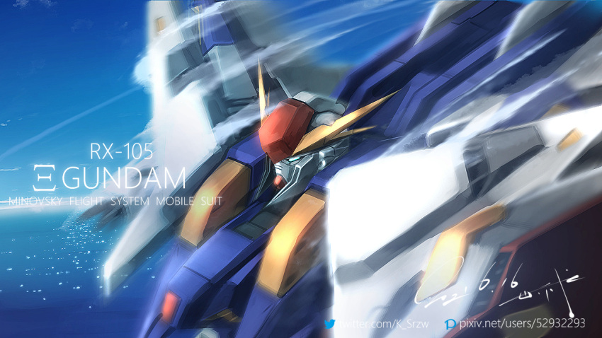blue_eyes character_name clouds cloudy_sky commentary_request english_text flying gundam gundam_hathaway's_flash mecha mobile_suit no_humans ocean pixiv_id pixiv_logo serike_w shield signature sky solo twitter_logo twitter_username upper_body v-fin xi_gundam