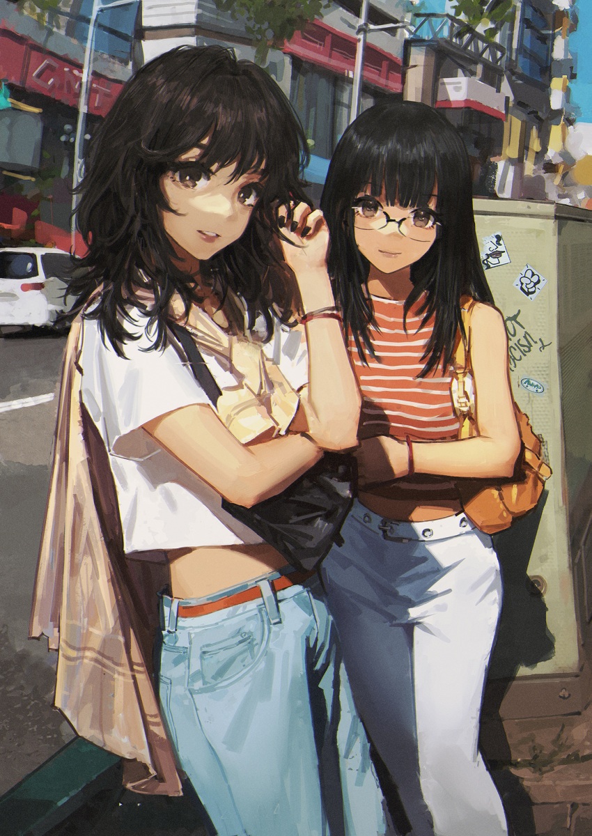 2girls backpack bag bangs belt black-framed_eyewear black_hair black_nails bracelet brown_eyes building car closed_mouth day glasses graffiti ground_vehicle hair_between_eyes hand_up handbag highres jewelry lamppost long_hair looking_at_viewer motor_vehicle multiple_girls nail_polish orange_shirt original outdoors pants parted_lips road shiny shiny_hair shirt short_sleeves sky sleeveless sleeveless_shirt smile standing street striped striped_shirt symbol_commentary wang-xi white_belt white_pants white_shirt