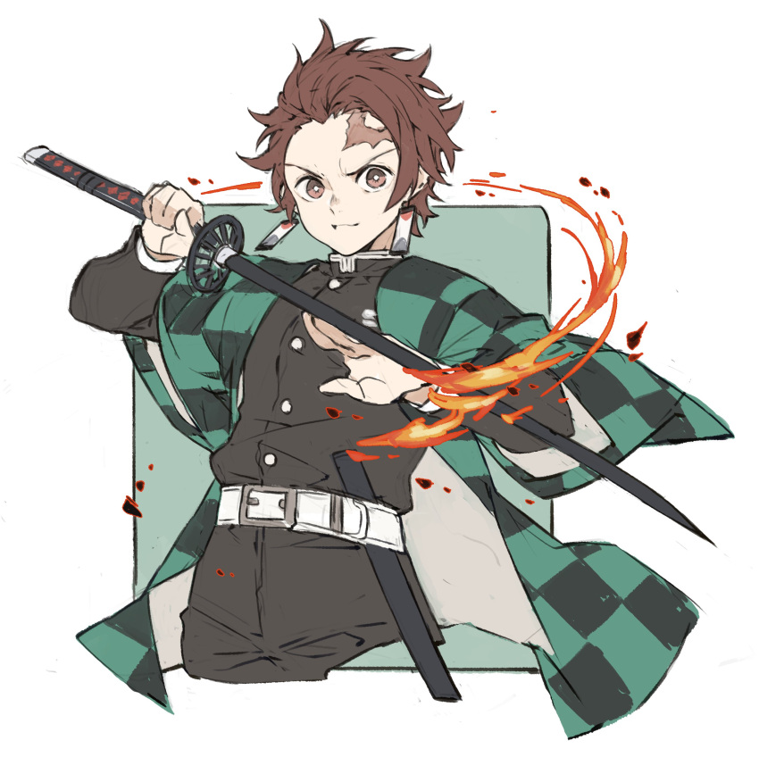 1boy absurdres belt brown_eyes brown_hair checkered closed_mouth cropped_legs earrings fire haori highres holding holding_sword holding_weapon japanese_clothes jewelry kamado_tanjirou kimetsu_no_yaiba korean_commentary long_sleeves male_focus pants papajay_(jennygin2) scar scar_on_face sheath simple_background solo sword two-tone_background weapon white_belt