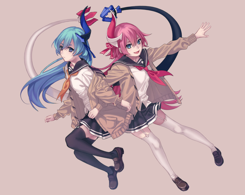 1girl 2girls bangs black_legwear blue_eyes blue_hair brown_background brown_jacket chinese_text hair_between_eyes hair_ornament highres honkai_(series) honkai_impact_3rd jacket kneehighs liliya_olenyeva looking_at_viewer multiple_girls mywaffuru open_mouth pink_hair rozaliya_olenyeva school_uniform shoes_removed siblings simple_background skirt tail twins white_legwear